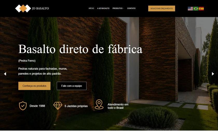 Site da JD Basalto apresentado no portfólio da SitesJÁ