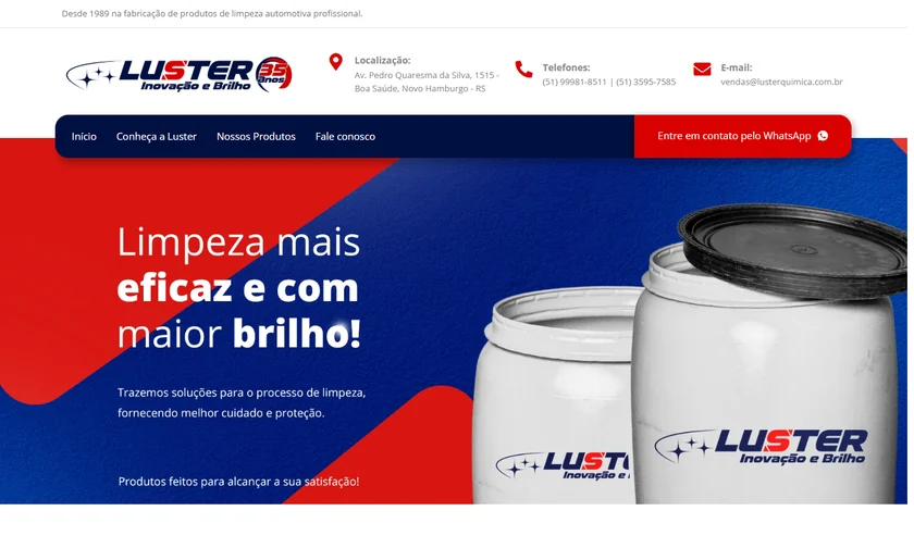 Site da Luster Química apresentado no portfólio da SitesJÁ